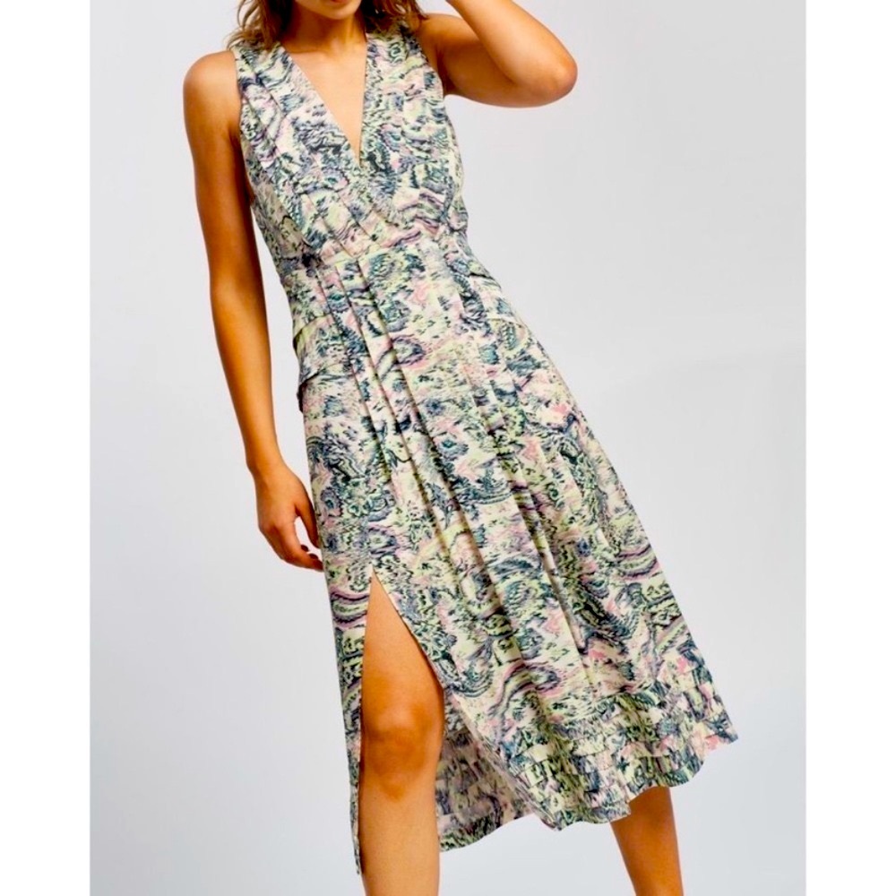 Reiss Midi Dress Sz 8 Marcy Paisley Floral Print Pleated V-Neck Green Pink